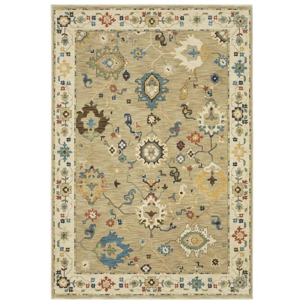 8' X 11' Beige Light Blue And Tan Oriental Area Rug With Fringe