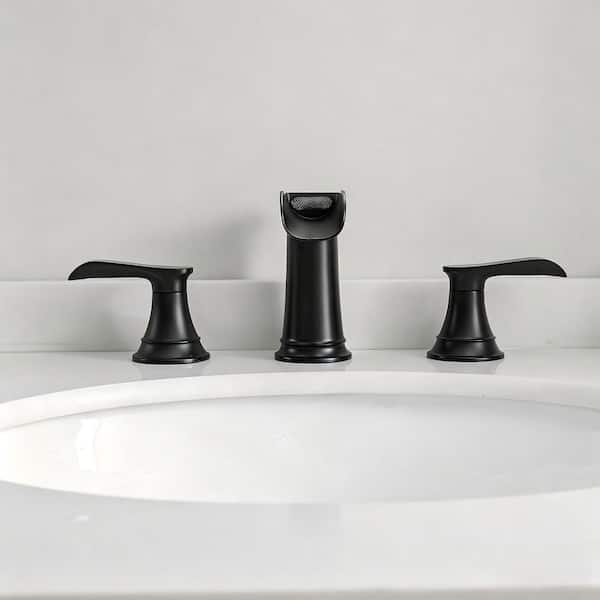 8 in. Widespread Double Handle Bathroom Faucet with Drain Kit Included in Matte Black