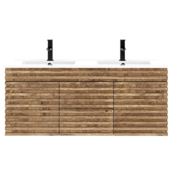 48 in. W x 18.3 in. D x 19.7 in. H Floating Double Sink Bath Vanity in Oak with White Resin Top and Drain Faucet Set