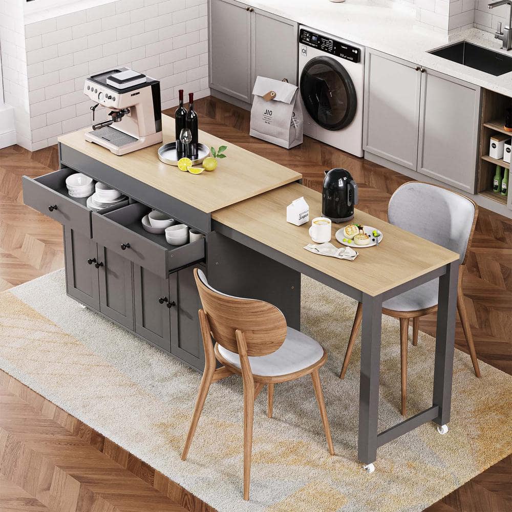 Gray Wood 74.5 in. Kitchen Island with Extendable Dining Table, Kitchen Isl