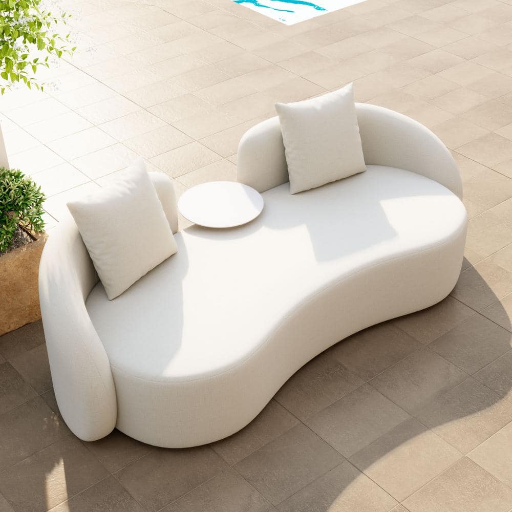 Beige Curved Three-Seat Outdoor Loveseat with Cushions