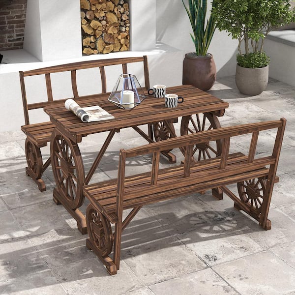 Zeus & Ruta 3-Piece Outdoor Wood Outdoor Dining Set with Table and Chairs for 4 People for Backyard Garden, Deck