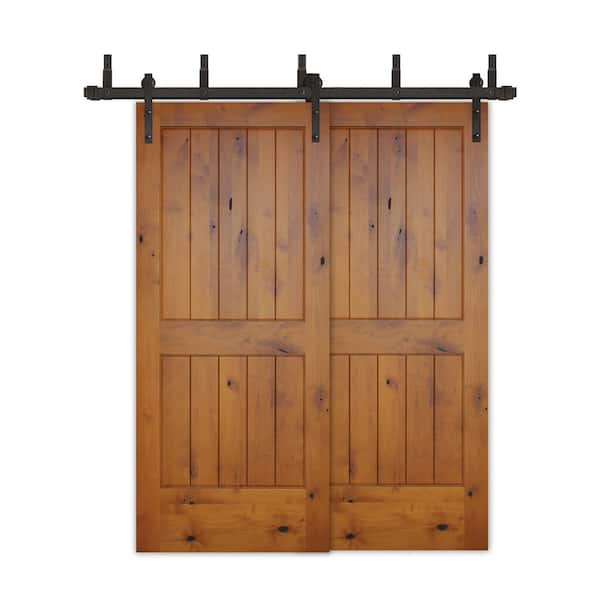 Pacific Entries 60in.x80in.Bypass Rustic Pref 2-PNL V-Groove Solid Core Knotty Alder Wood Sliding Barn Door with Bronze HardwareKit