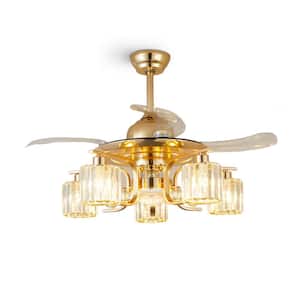 42 in. 5-Light Indoor Gold Ceiling Fan with Remote, Modern Crystal Retractable Fandelier for Bedroom, Bulbs Not Included