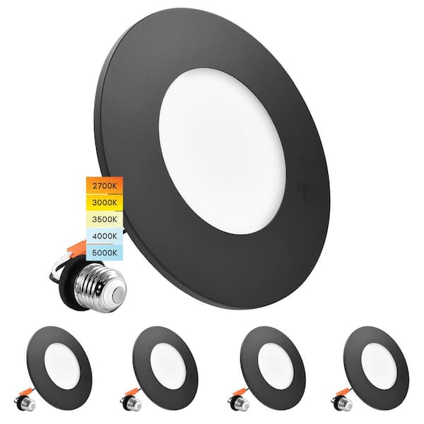 LUXRITE 3-4 in. Integrated LED Flush Mount & Recessed Light, 7.5W, 5CCT, 650LM, Dimmable, J-Box or 4 in. Housing, Black (4-Pack)