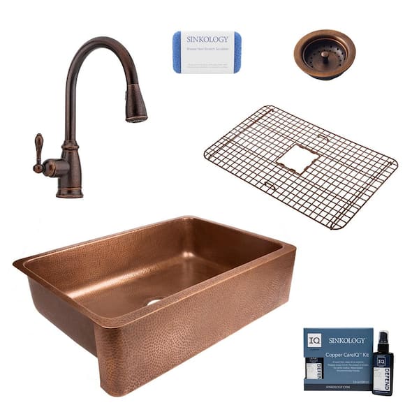SINKOLOGY Lange All-in-One Farmhouse Apron Copper Sink 32 in. Single Bowl Kitchen Sink with Pfister Faucet and Drain in Bronze