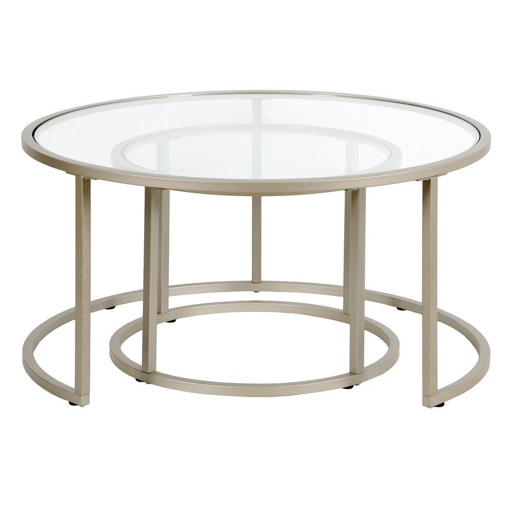 Satin Nickel Round Nested Glass Coffee Table Set, 35"