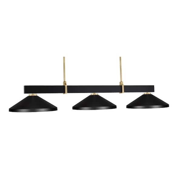 Balmore 3-Light Matte Black and New Age Brass Billiard Light with 14 in. Matte Black Metal Shades