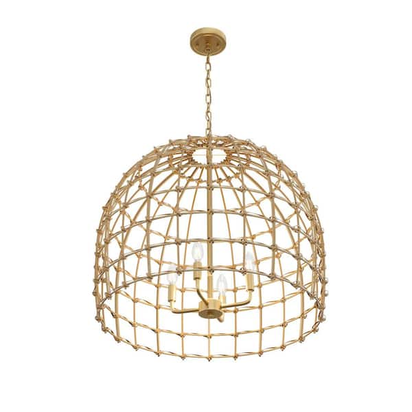 aiwen 4-Light Gold Farmhouse Rattan Chandelier Handmade Woven Wicker ...