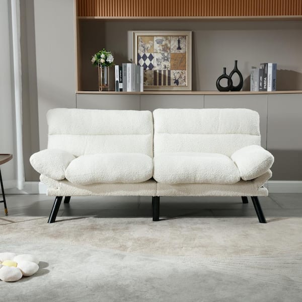 HOMEFUN 71 in. White Teddy Linen Convertible Foldable Full Sleeper Sofa Bed with Adjustable Backrests and Armrest