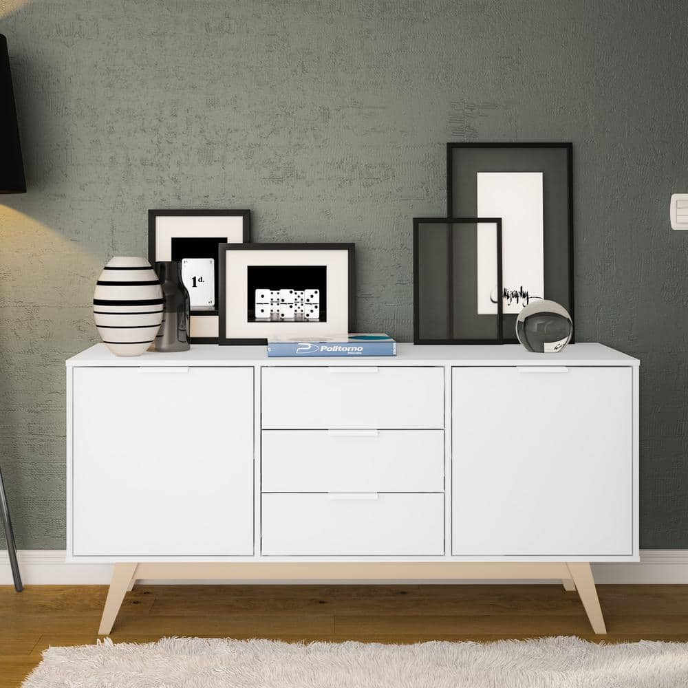 Polifurniture Edina White and Oak Wood 59 in. Sideboard with 3