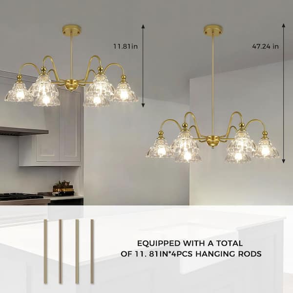 JUSHENG 6-Light Gold Metal Chandelier with Scalloped Clear Glass
