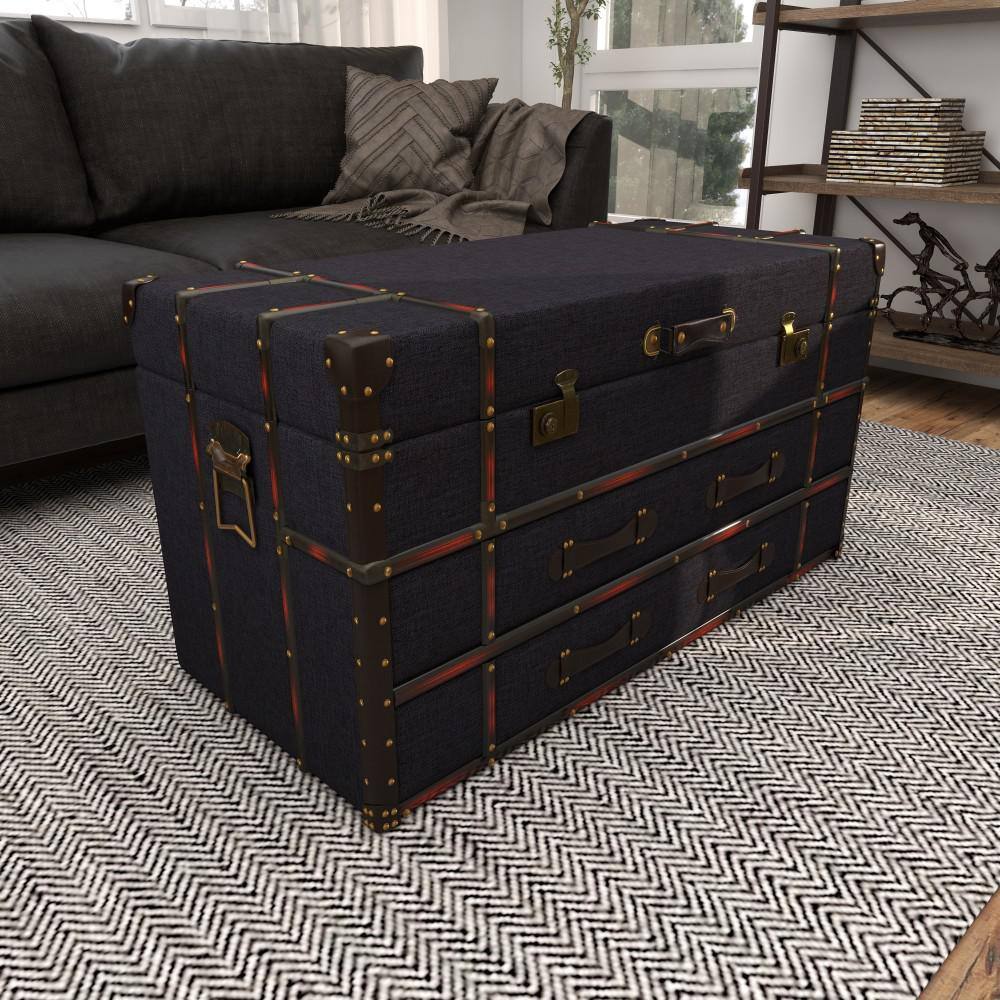 Dark Blue Linen Upholstered Trunk Coffee Table with Storage