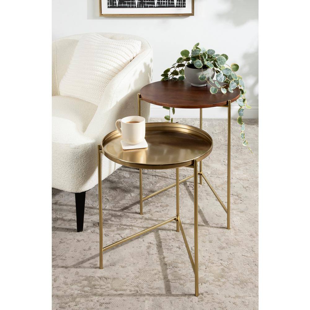 Ulani Nesting Side Table Set, Walnut Brown Wood and Gold Metal