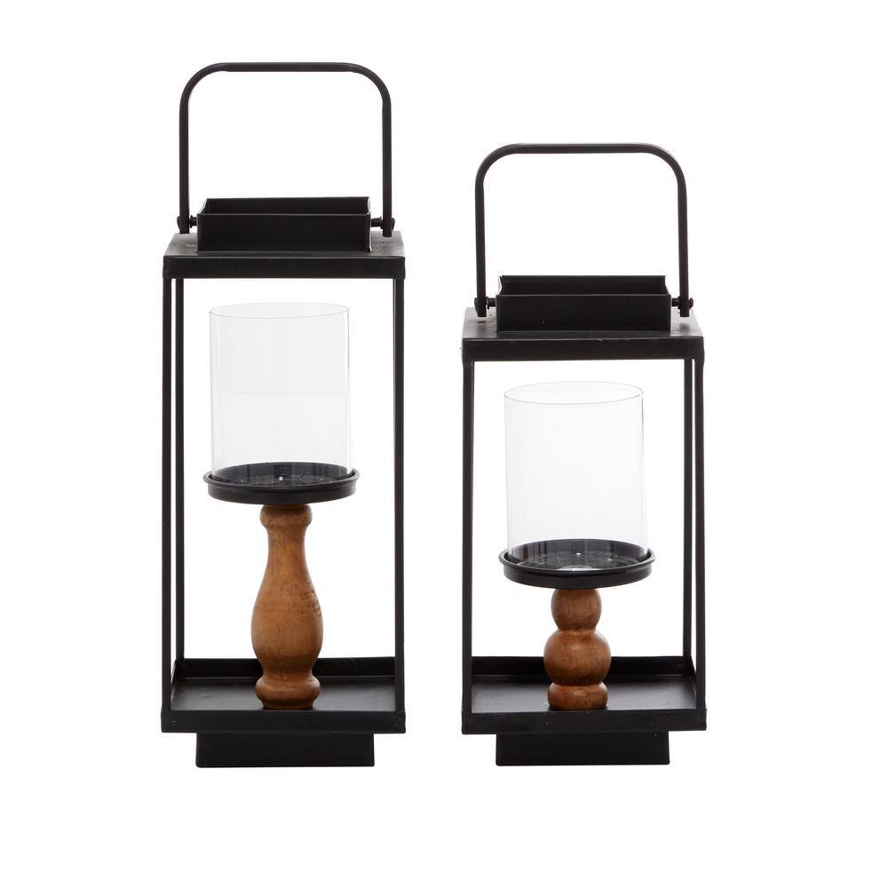 Rustic Black Iron and Wood Lantern Candle Holders, Set of 2