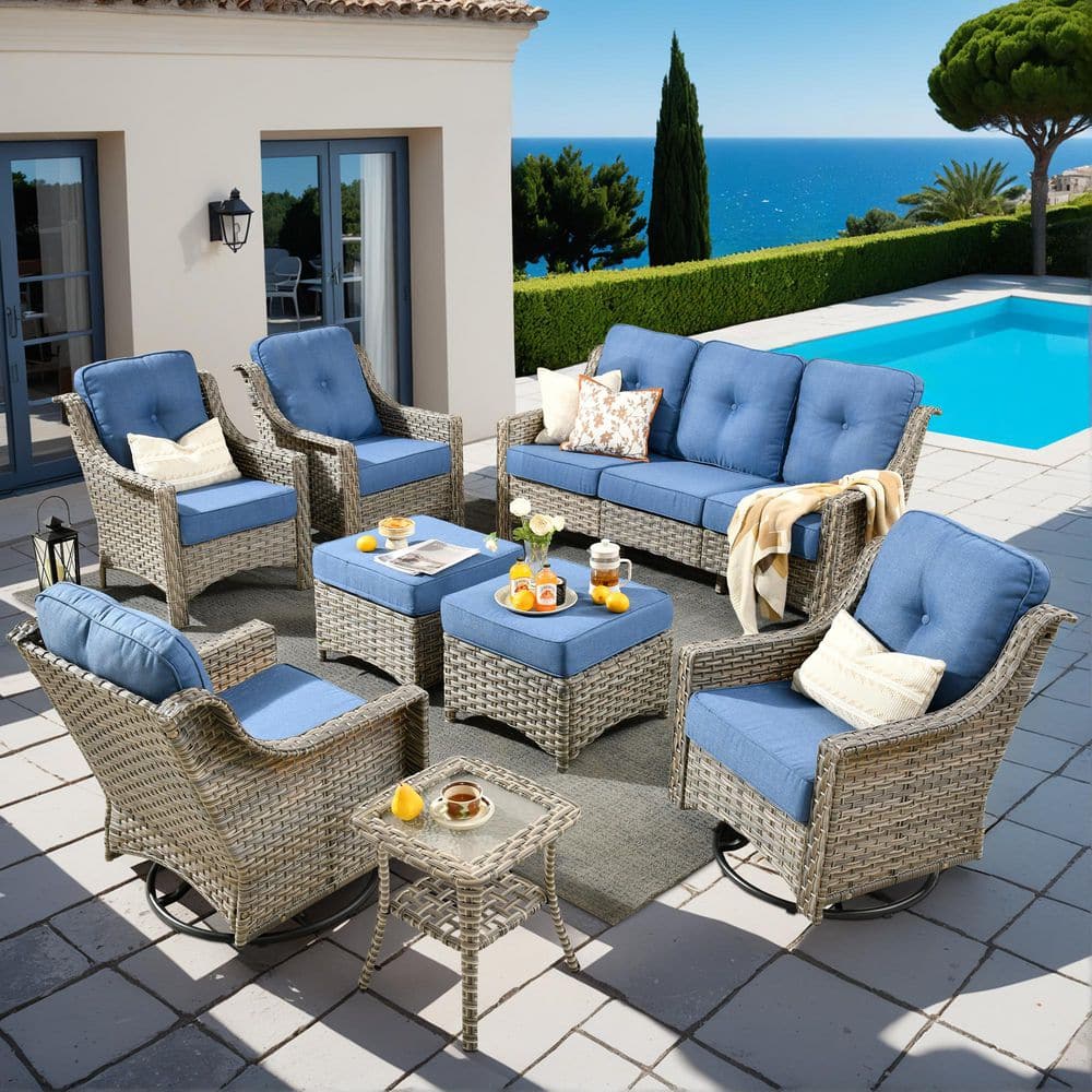 Palffy Gray 8-Piece Wicker Patio Conversation Seating Set with Diamond Blue Cushions and Swivel Rocking Chairs price history on PriceWatchPro