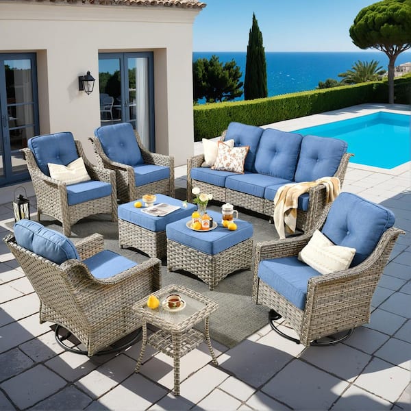 Palffy Gray 8-Piece Wicker Patio Conversation Seating Set with Diamond Blue Cushions and Swivel Rocking Chairs
