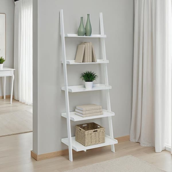 72 in. White Wood 5-shelf Ladder Bookcase with Open Back