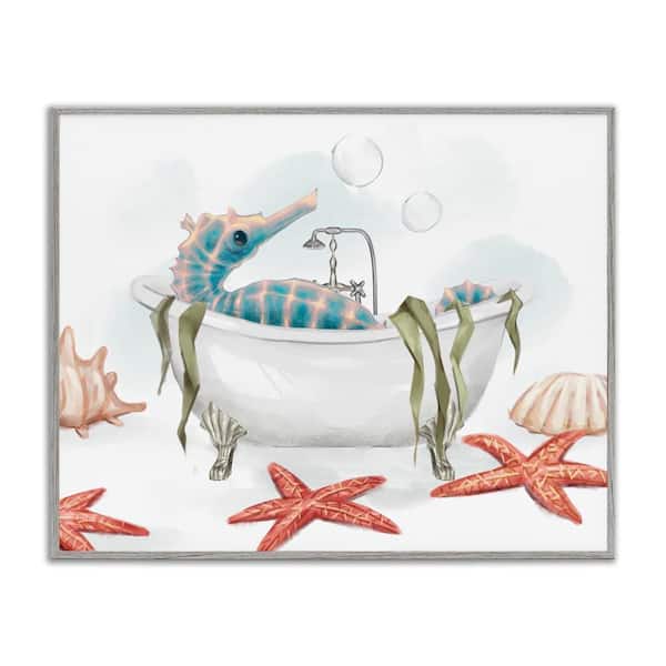Seahorse Resting Nautical Bath Tub Starfish Bubbles by Ziwei Li Gray Framed Giclee Art Print Animal 24 in. x 30 in.