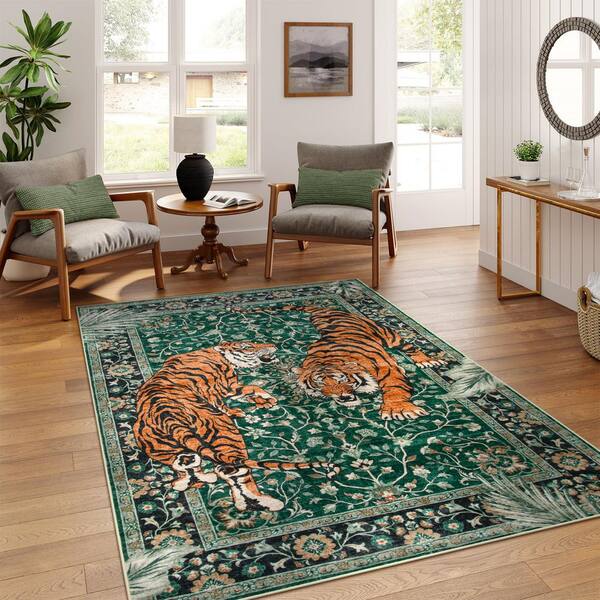 Lahome 5 ft. x 7 ft. Green Goldene Vintage Tiger Washable Non Slip
