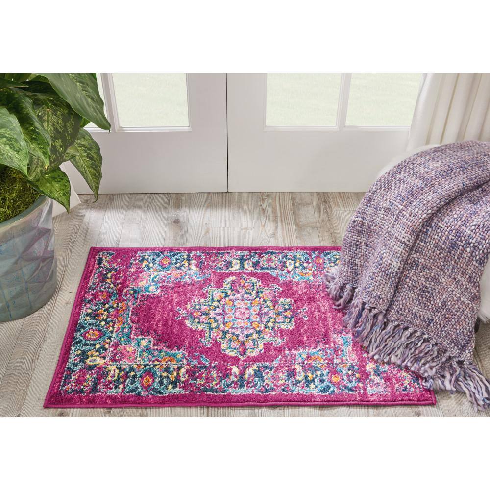 Small Fuchsia and Blue Floral Synthetic Traditional Rug