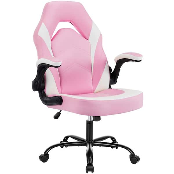 Bestier Pink Ergonomic Curve Uphostery Breathable Backrest Gaming Chair w/Flip-Up Armrests, 3D Adjustable Height and Footrest