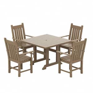 Hayes 5-Piece HDPE Plastic Outdoor Patio Dining Set with Square Table and Arm Chairs in Weathered Wood