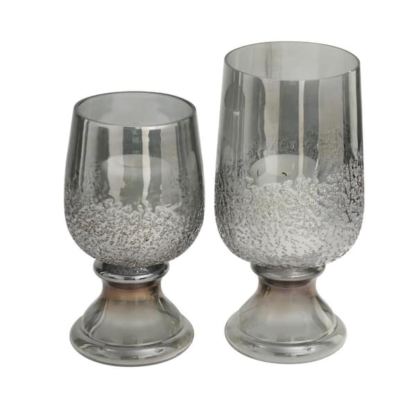 Litton Lane Gray Glass Tinted Candle Holder with Textured Exterior (Set of 2)