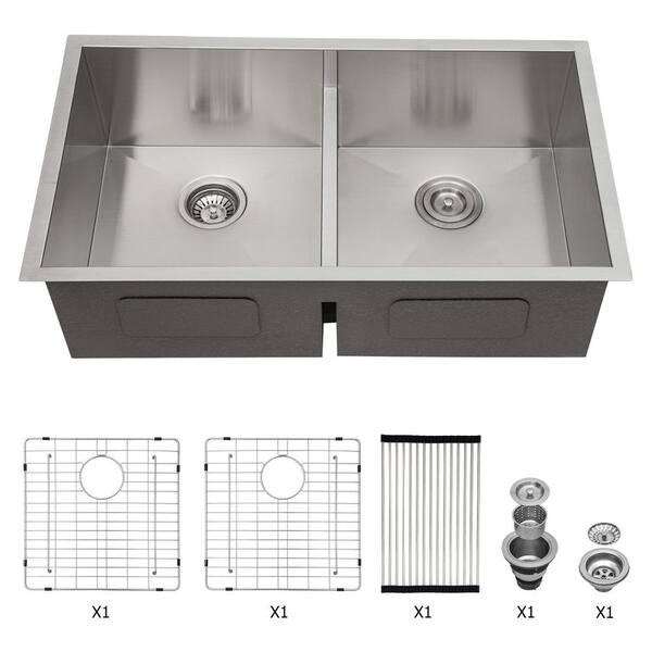 33 in. Undermount Double Bowl(50/50) 16 Gauge Brushed Nickel Stainless Steel Kitchen Sink with Drain