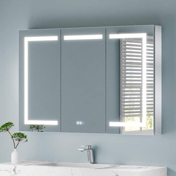 48 in. W x 32 in. H Rectangular Silver Aluminum Recessed/Surface Mount Medicine Cabinet with Mirror LED