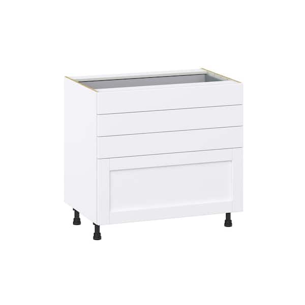 J COLLECTION Milton 36 in. W x 24 in. D x 34.5 in. H Assembled Shaker Drawer Base Kitchen Cabinet in Bright White with 4 Drawers