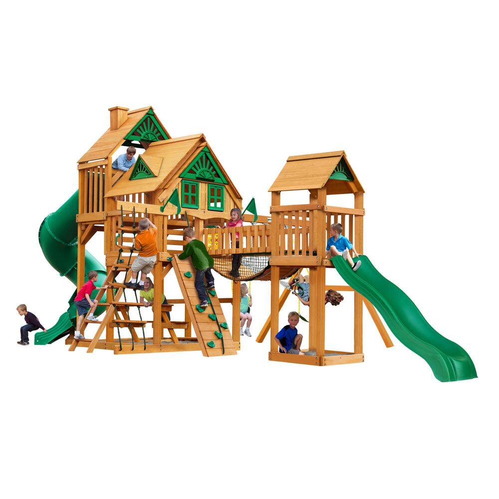 Pro Assembled Treasure Trove I Treehouse Wooden Outdoor Backyard Playset with Clatter Bridge, Tube Slide, and Rock Wall price history on PriceWatchPro