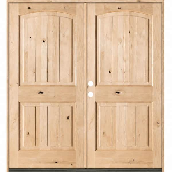 60 in. x 80 in. Rustic Knotty Alder Arch Top VG Right-Hand/Inswing Double Unfinished Wood Prehung Front Door
