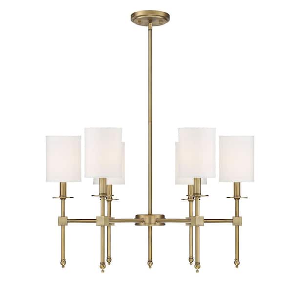 Savoy House Chatham 28 in. W x 17.5 in. H 6-Light Warm Brass Chandelier with White Fabric Shades