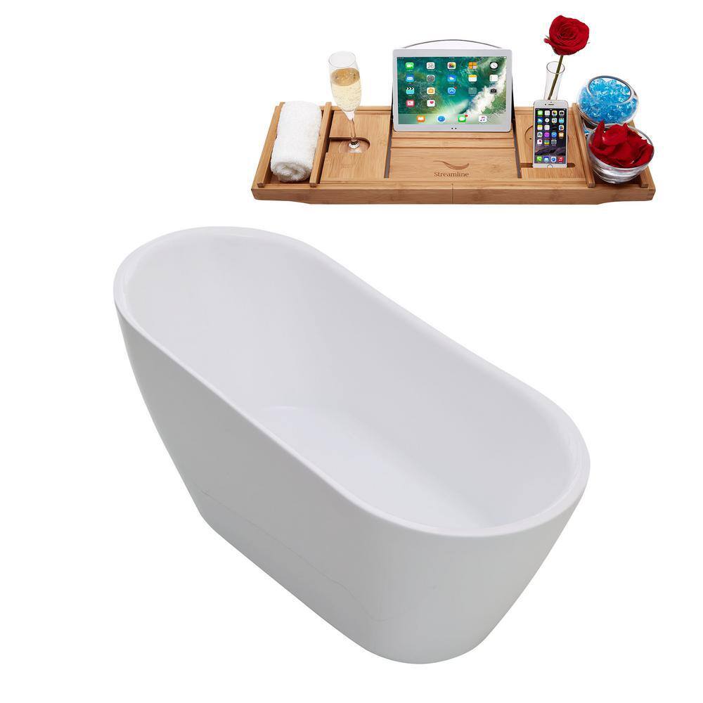 59'' Glossy White Freestanding Acrylic Bathtub with Gold Trim