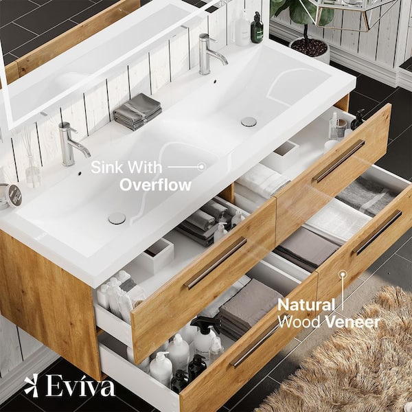 Eviva Surf 57 Black-Wood Modern Bathroom Vanity Set with Integrated White Acrylic Double Sink