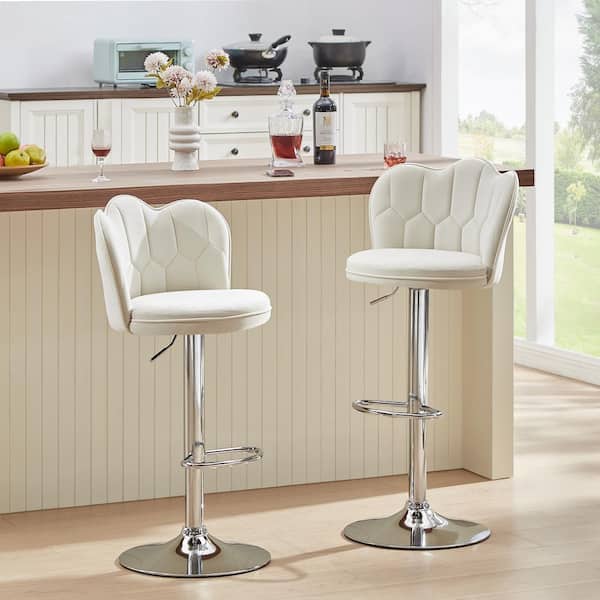 VECELO Barstools Set with Back, White Hight Adjustable Velvet Armless Counter Height Stool Kitchen Island Stool Swivel Chairs