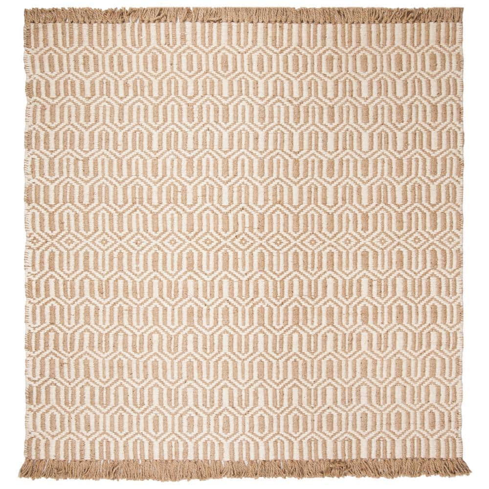 Ivory Geometric Hand-Knotted Jute 7' x 7' Square Rug
