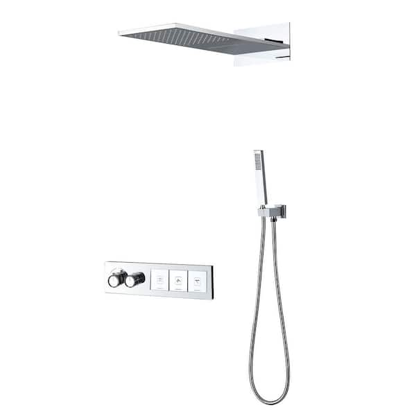 WELLFOR 4-Spray Dual Wall Mount Fixed and Handheld Shower Head 1.59 GPM in Chrome Thermostatic Rain Waterfall Shower Faucet Set