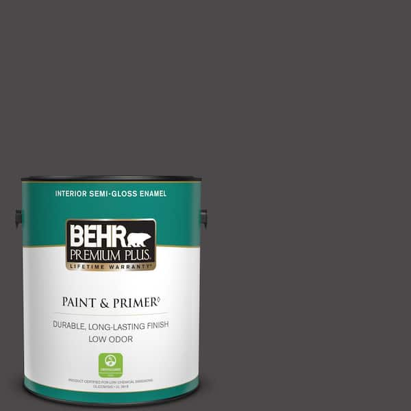 BEHR PREMIUM PLUS 1 gal. #N530-7 Private Black Semi-Gloss Enamel Low Odor Interior Paint & Primer