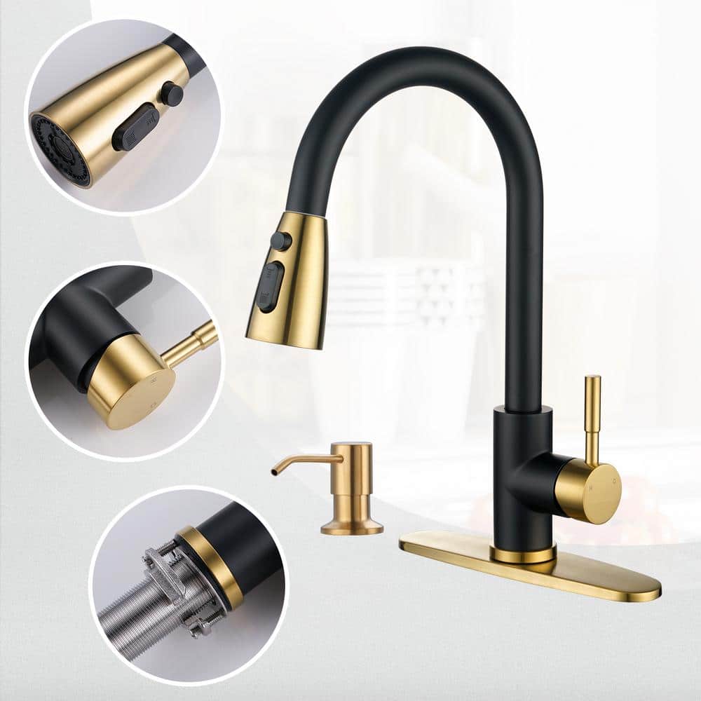 Matte Black and Gold Stainless Steel Pull Down Kitchen Faucet