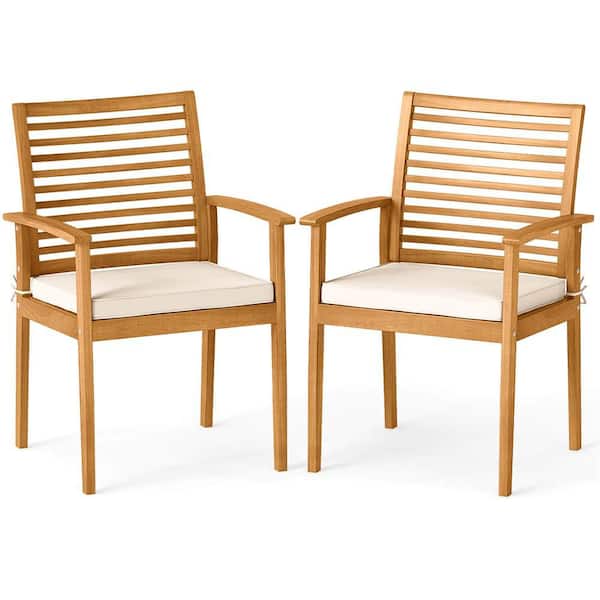 Removable Padded Cushion Acacia Wood Outdoor Dining Chair with Beige Cushions (2-Pack)