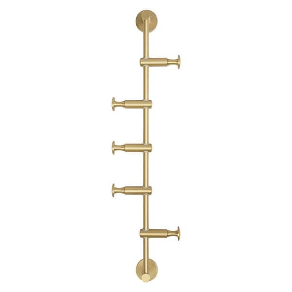 Gold Metal Brass Wall Mounted Coat Rack with 5 Adjustable Hooks