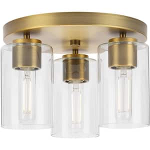 Cofield Collection 12 in. 3-Light Vintage Brass Transitional Flush Mount with Clear Glass Shades