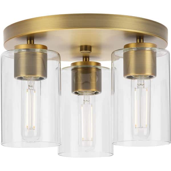 Progress Lighting Cofield Collection 12 in. 3-Light Vintage Brass Transitional Flush Mount with Clear Glass Shades