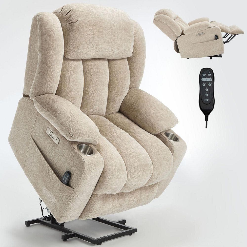 sumyeg 34.6 in. W Beige Chenille Power Lift Recliner Chair with