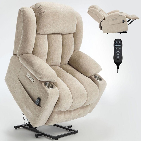 34.6 in. W Beige Chenille Power Lift Recliner Chair with Massage, Heating, USB and Type-C Ports and Cup Holders