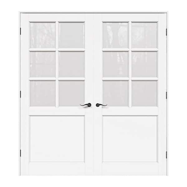 72 in. x 80 in. 6-Lite Frosted Glass Universe White Solid Core Wood Double Prehung French Door with Quick Assemble Jamb