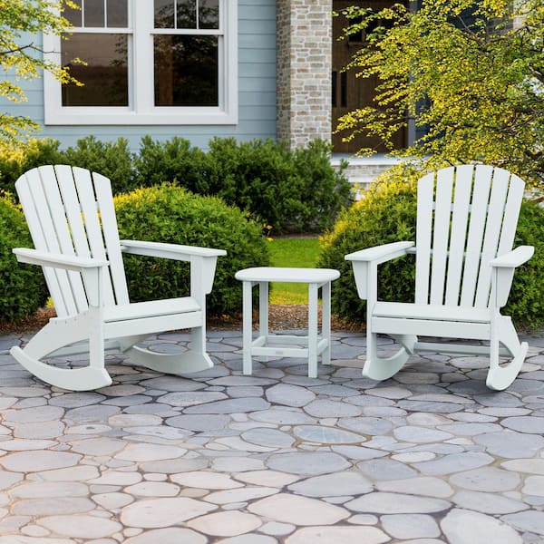 Grant Park White 3-Piece HDPE Plastic Adirondack Outdoor Rocking Chair Patio Conversation Set