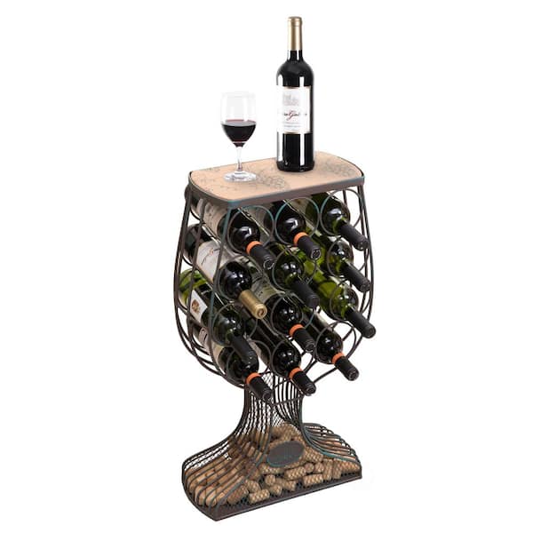 Vintiquewise Vintage Decorative Wooden Metal Goblet Shaped Freestanding Wine Rack with Cork Holder